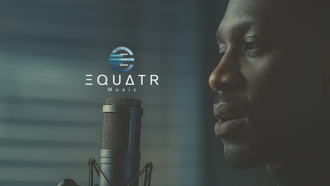 Image of black singer standing in front of a professional studio microphone in a moody blue hue