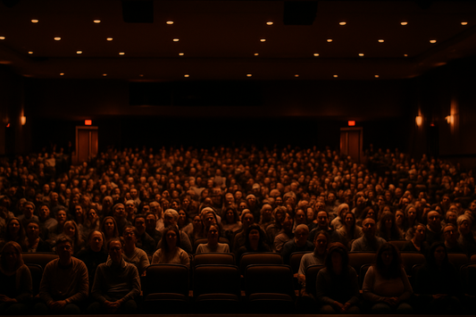 Image of packed audience immediately after the curtain rises, with house light lowered to a deep Burgundy hue