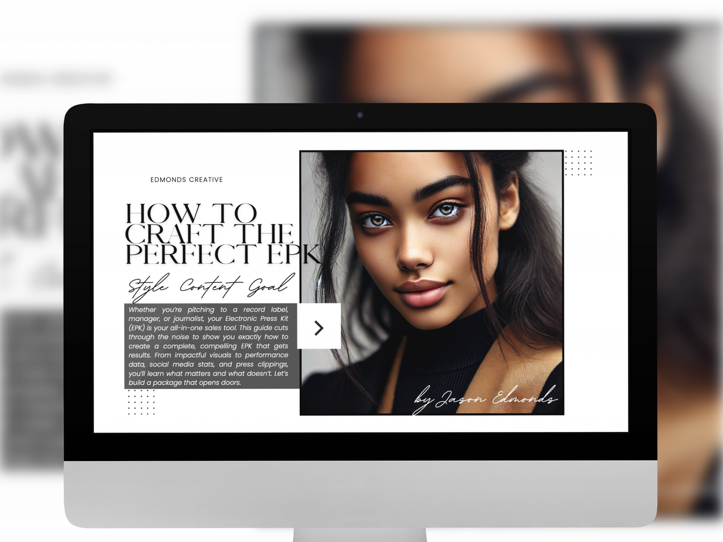 A beautiful young ethnic woman stares into the camera, sharing the cover of How to Craft the perfect EPK, a book written by Jason Edmonds to give insight in how to make your artist pitch more refined.
