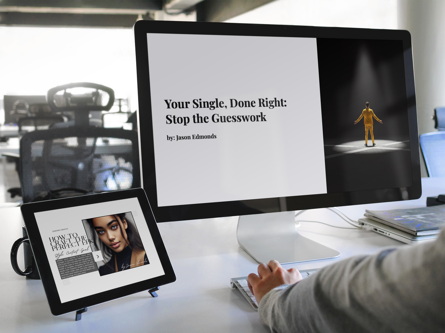 2 computer screens displaying 2 books, Your Single, Done Right and How to craft the perfect EPK, both written by Jason Edmonds, on tips one can use while conducting business in the music industry