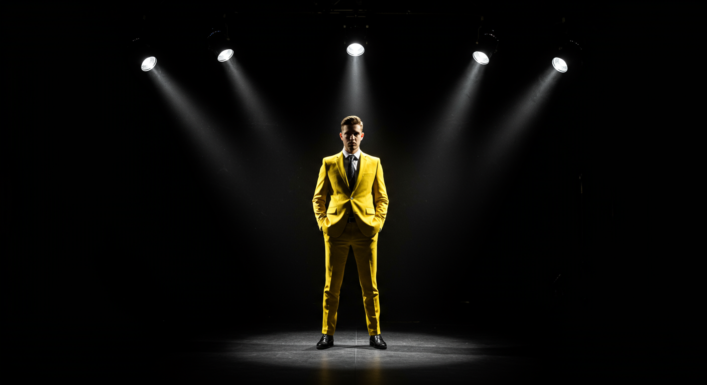 Man standing, wearing a yellow suit, with his arms open, on a dark stage illuminated by a single spotlight facing downward upon him.