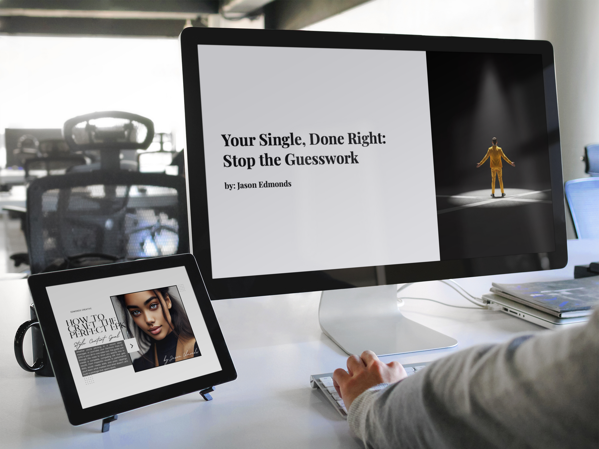 2 computer screens displaying 2 books, Your Single, Done Right and How to craft the perfect EPK, both written by Jason Edmonds, on tips one can use while conducting business in the music industry