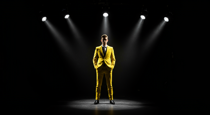 Man standing, wearing a yellow suit, with his arms open, on a dark stage illuminated by a single spotlight facing downward upon him. 